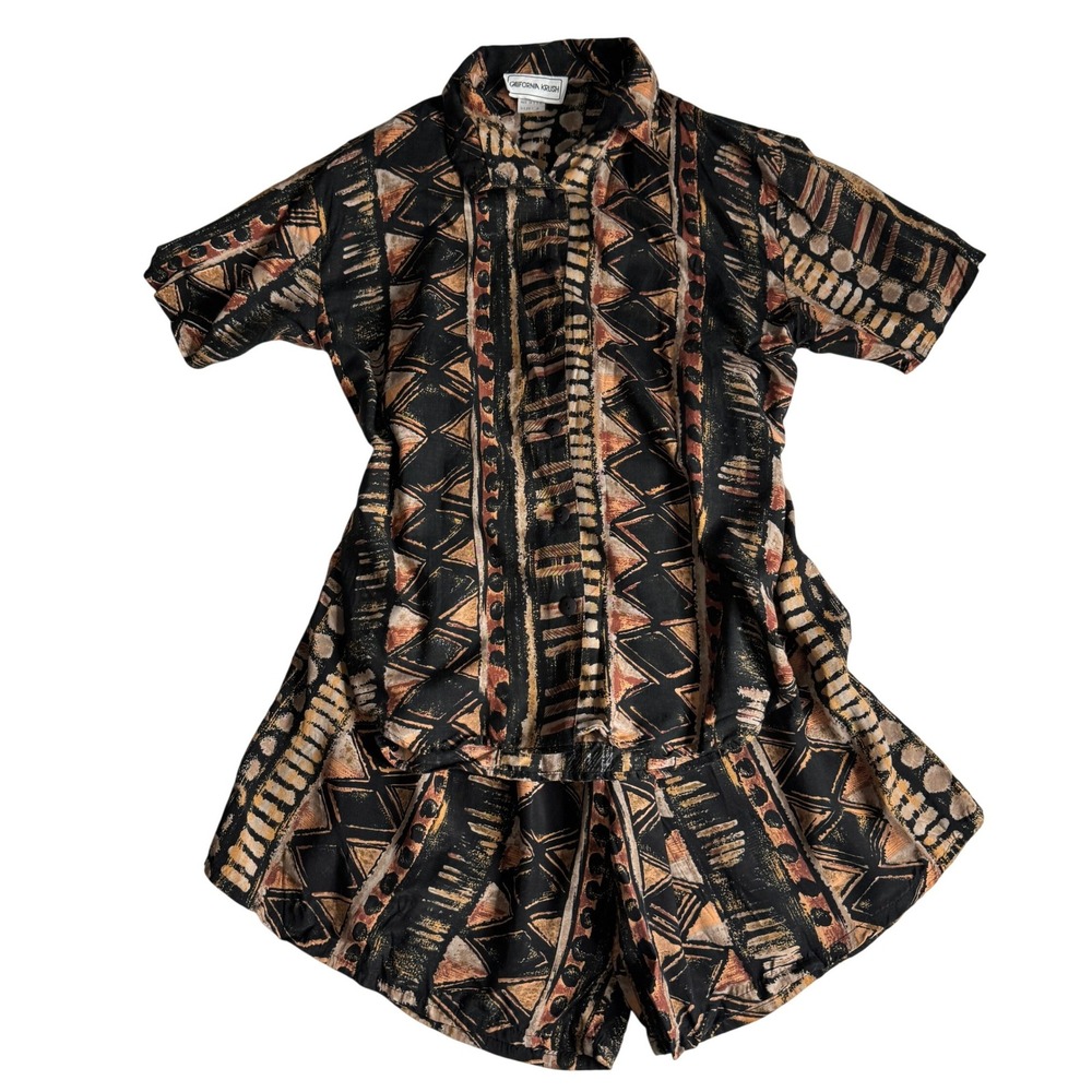 Vintage California Krush 2 Piece Set Shorts Shirt Tribal Geometric Womens Small